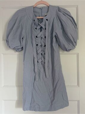 English Factory Laced Up Puff Sleeve Mini Dress XS Powder Blue CK1060D
